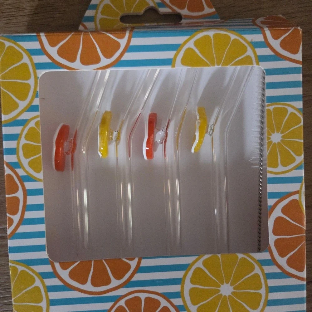 CrystalSip 4 Pack Reusable Glass Straws with Decorative‎ Citrus Fruit Charms NEW